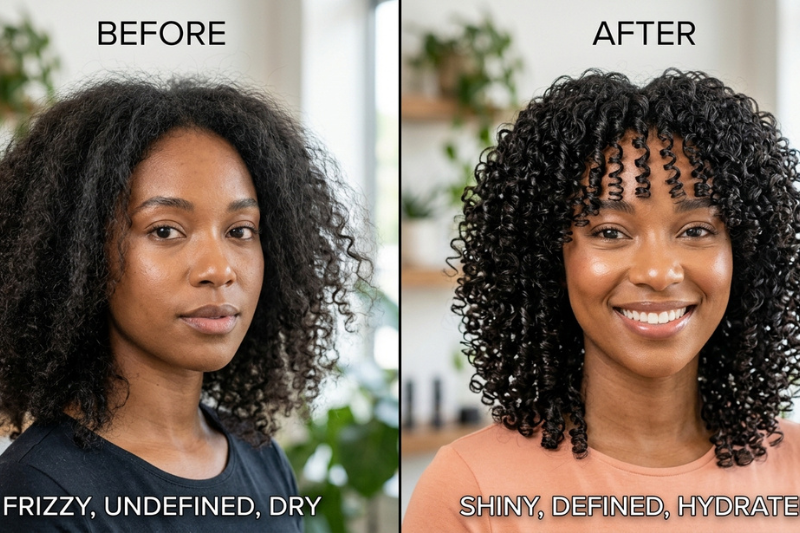 Antes e depois do uso dos melhores produtos para cabelo cacheado, mostrando transformação do frizz para cachos definidos, brilhosos e hidratados