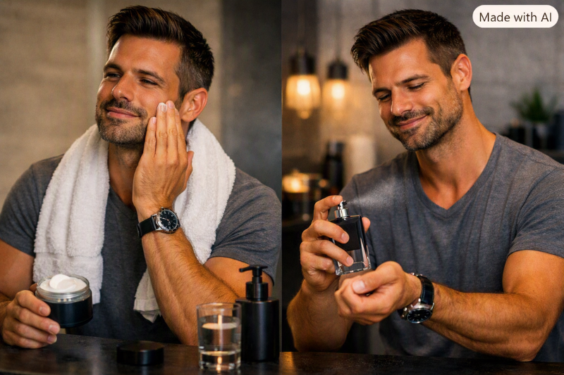 Homem cuidando da pele e aplicando colônia masculina em ambiente moderno, representando uma rotina de autocuidado e elegância.