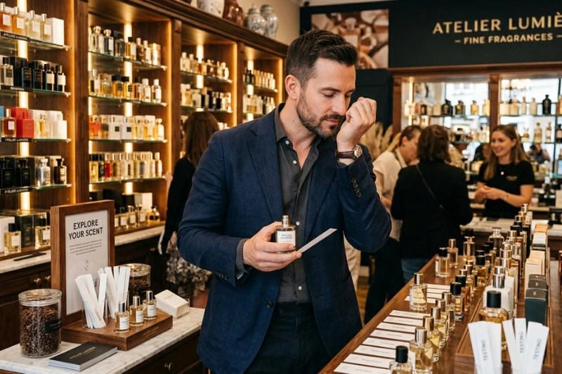 Homem elegante testando uma colônia masculina de longa duração em uma perfumaria sofisticada.
