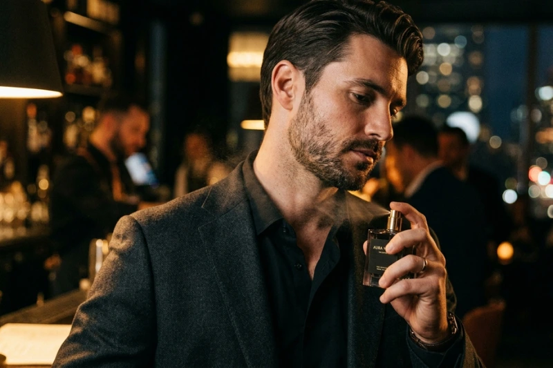 Homem vestindo terno em ambiente sofisticado apreciando o aroma de uma colônia masculina marcante.