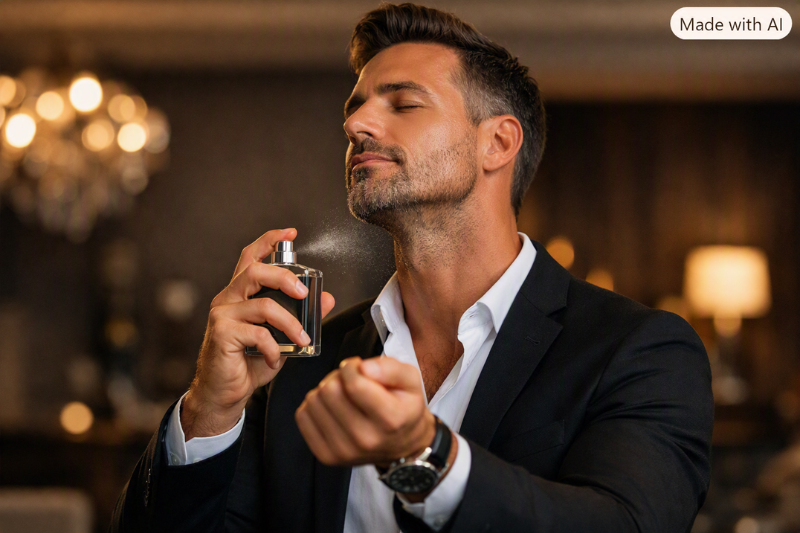 Homem elegante aplicando colônia masculina nos pulsos em ambiente sofisticado, representando confiança e estilo pessoal.
