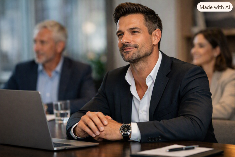 Homem elegante em reunião de trabalho, transmitindo confiança e presença, representando o uso da colônia masculina no ambiente profissional.