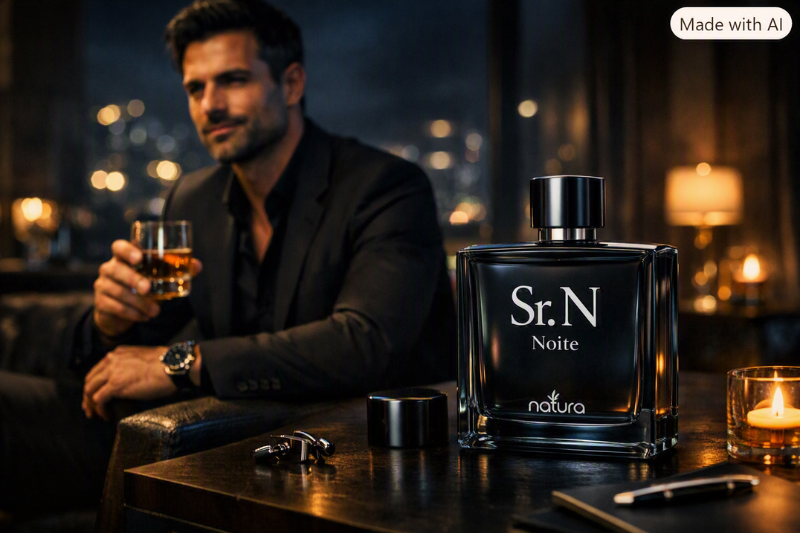 Frasco da colônia masculina Sr. N Noite em ambiente sofisticado, com iluminação elegante e atmosfera misteriosa que destaca o charme noturno da fragrância.