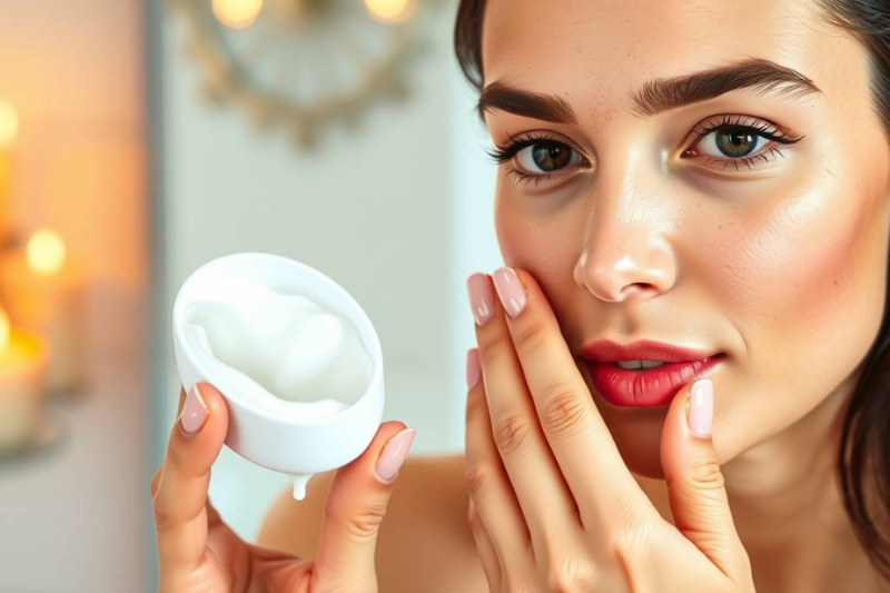 Mulher aplicando cosméticos nacionais em rotina de skincare diária