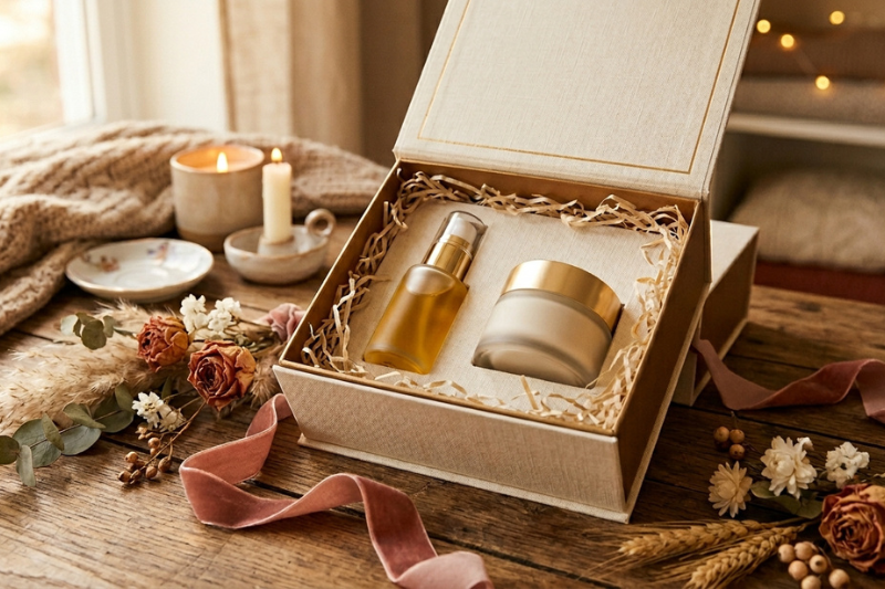 Kit presente de cosméticos nacionais aberto com produtos de skincare