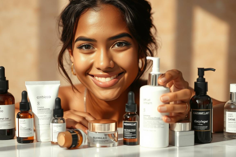 Mulher sorrindo durante rotina de skincare com cosméticos nacionais