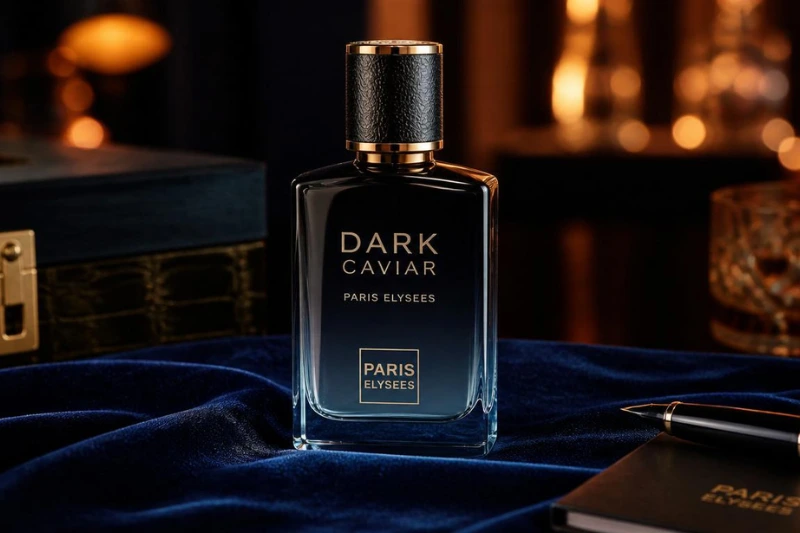Perfume Dark Caviar Paris Elysees frasco masculino fundo escuro