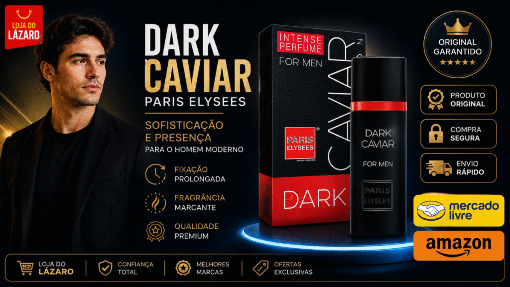 Perfume masculino Dark Caviar Paris Elysees em destaque com embalagem original, ideal para homens que procuram uma fragrância marcante e sofisticada.