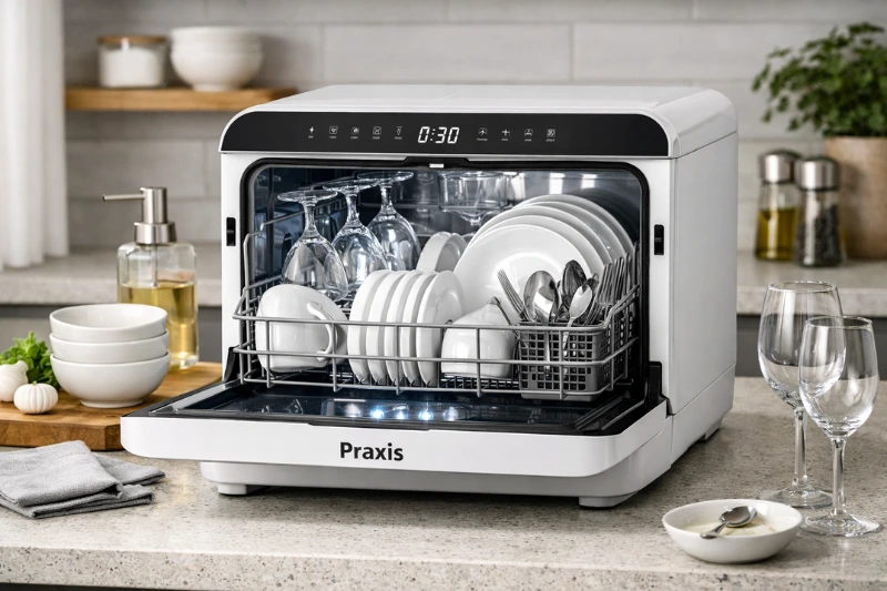 Lava‑Louças Praxis portátil em cozinha moderna, com louças limpas e brilho impecável, representando praticidade e economia de tempo entre os eletrodomésticos essenciais para casa.