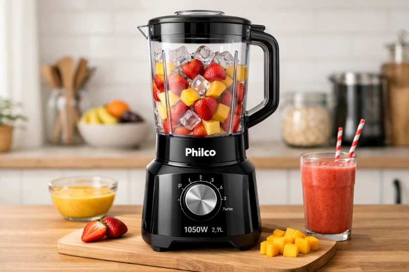 Liquidificador Philco 1050W em bancada de cozinha moderna, preparado com frutas e sucos, representando praticidade e potência entre os eletrodomésticos essenciais para casa.