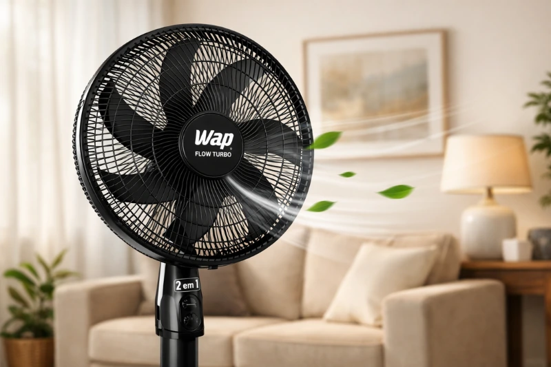 Ventilador WAP Flow Turbo em sala moderna, representando conforto e economia entre os eletrodomésticos essenciais para casa.