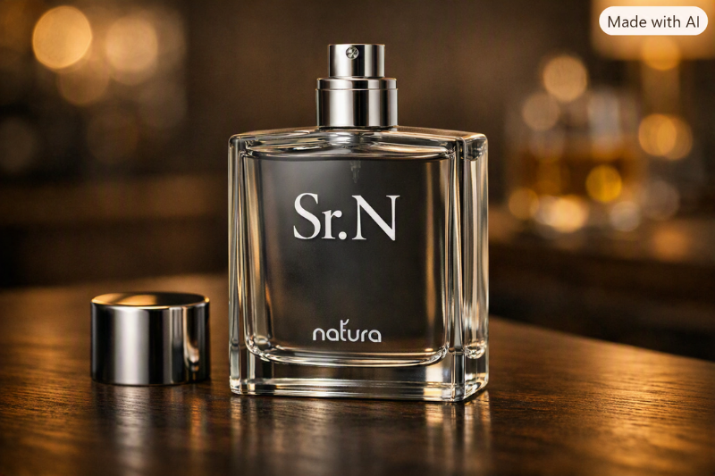 Frasco da colônia masculina Natura Sr. N em close sobre superfície elegante, destacando o design clássico e sofisticado da fragrância.