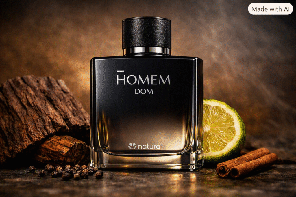 Frasco do perfume Homem Dom da Natura sobre superfície de pedra, cercado por elementos naturais como madeira, bergamota e canela, representando sofisticação e sustentabilidade.
