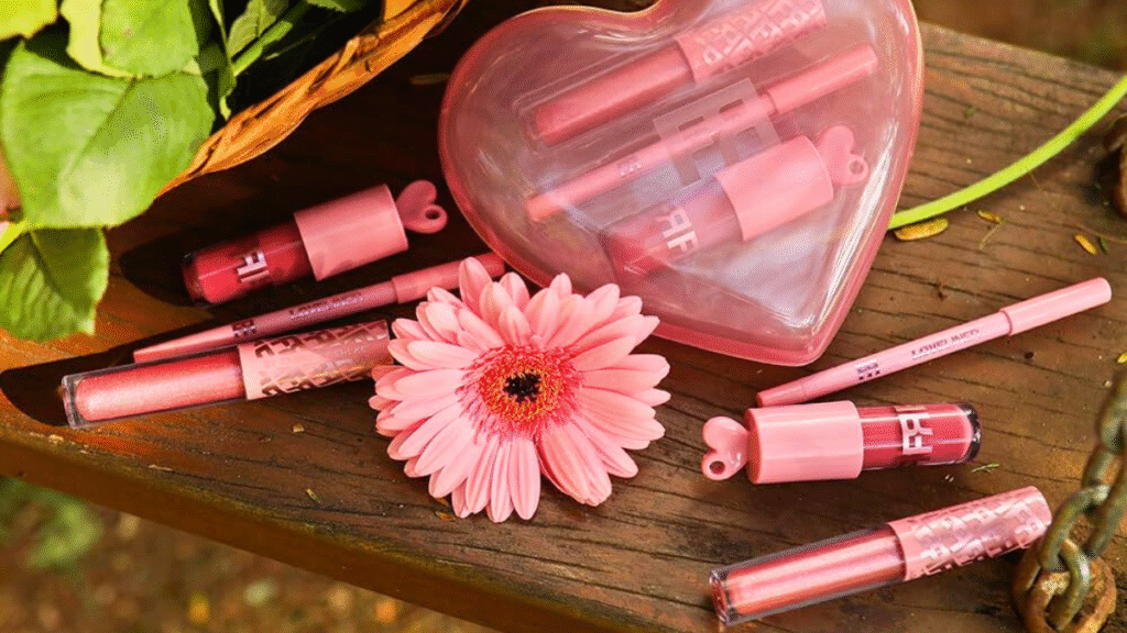 Kit de maquiagem em tons de rosa com batons, blush e acessórios de beleza organizados sobre superfície decorativa