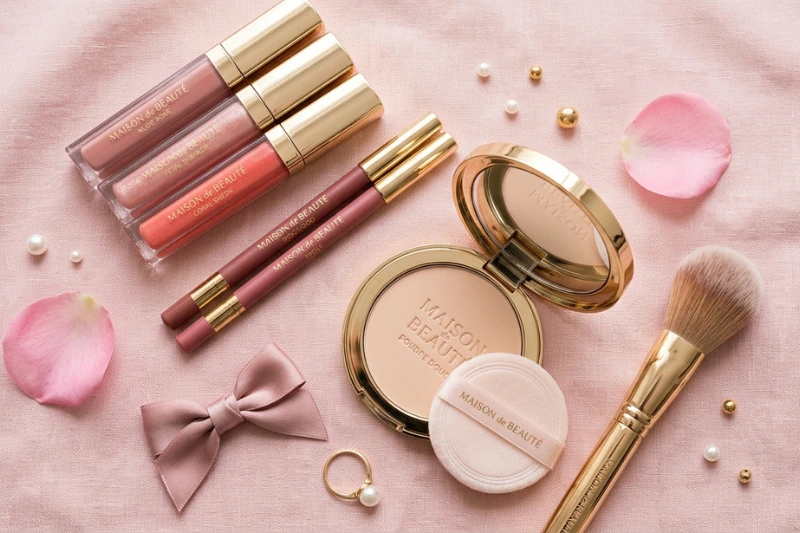 Kit de maquiagem com gloss labial, lápis labial e acessórios de beleza