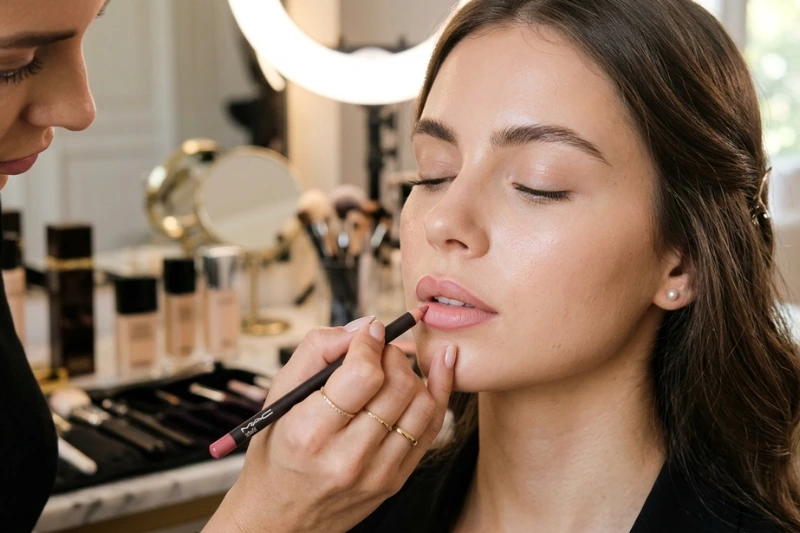 Mulher aplicando lápis labial com acabamento elegante e naturalLegenda: