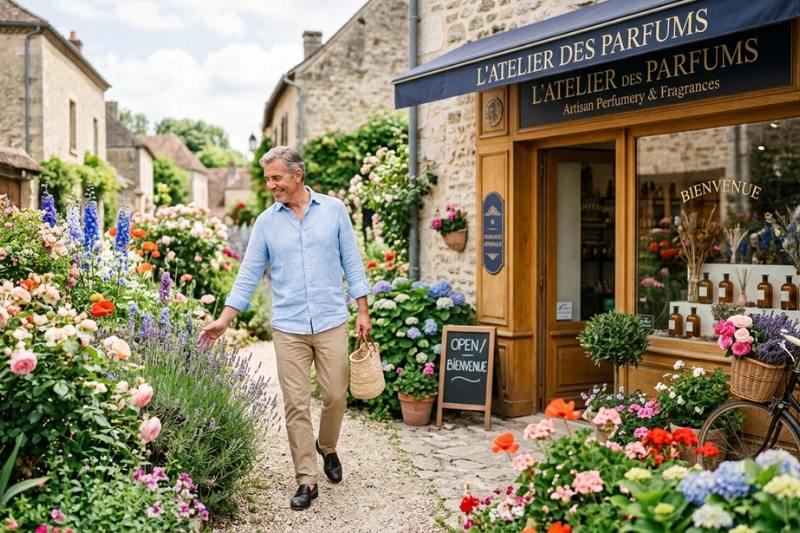 Homem caminhando casualmente por uma vila europeia ensolarada, cercado por flores e jardins.