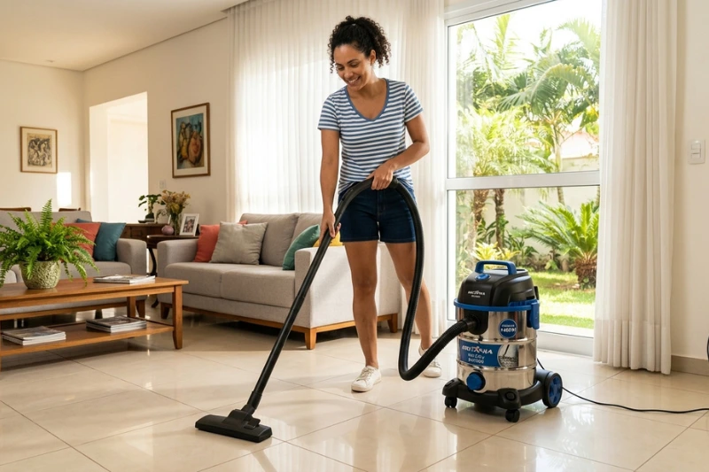 Moça usando aspirador de pó na sala de estar