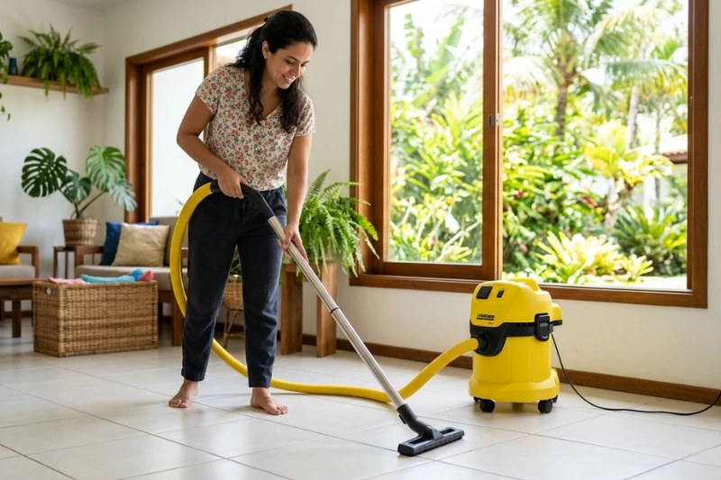 Mulher aspirando o chão com aspirador de pó e água WAP GTW 10 vale a pena