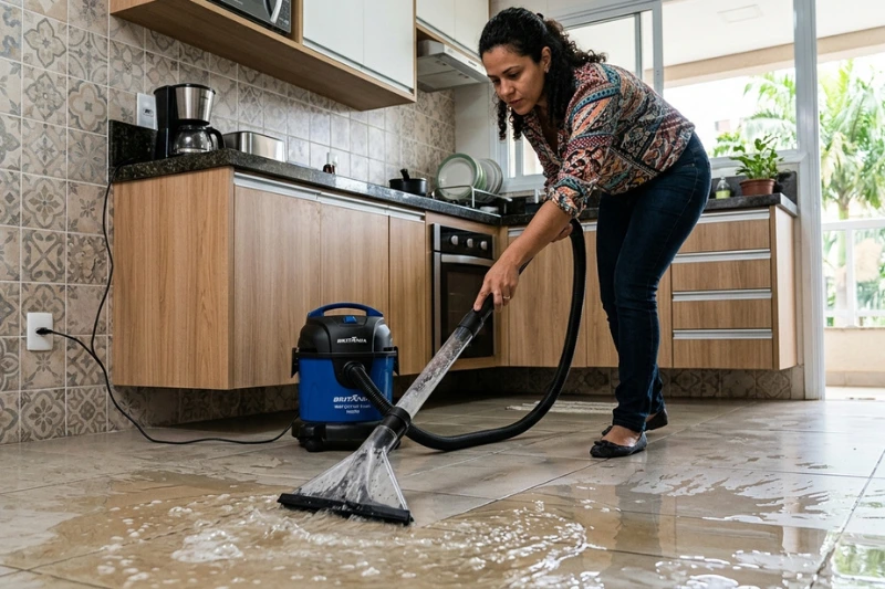 Mulher usando aspirador de pó e água WAP GTW 10 na cozinha