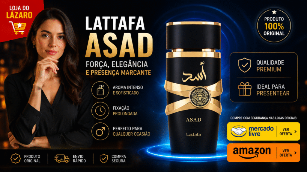 Original Árabe Lattafa Asad perfume masculino com alta fixação disponível na Loja do Lázaro.