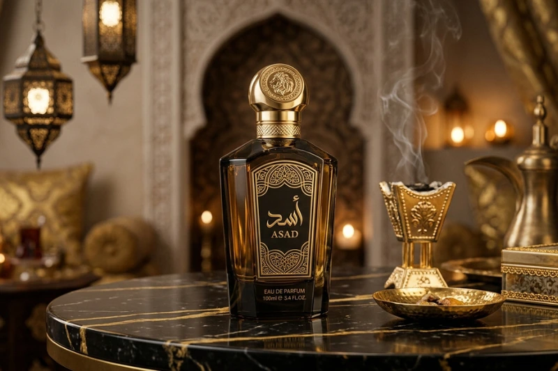 Frasco de perfume original árabe em ambiente inspirado na tradicional perfumaria oriental.