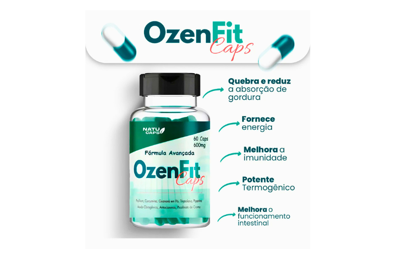 Frascos de Ozenfit com lista de benefícios exibida ao fundo.