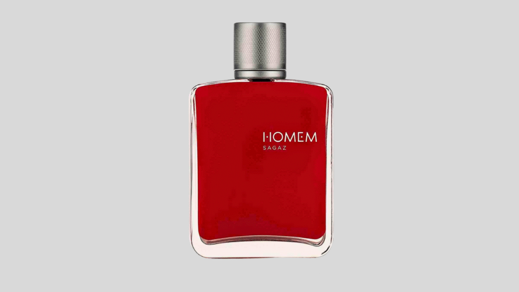 Perfume masculino em frasco vermelho com design moderno e fragrância intensa.
