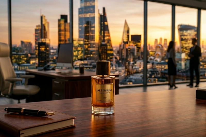 Perfumes masculinos marcantes – Hugo Boss Bottled com cenário urbano sofisticado ao entardecer