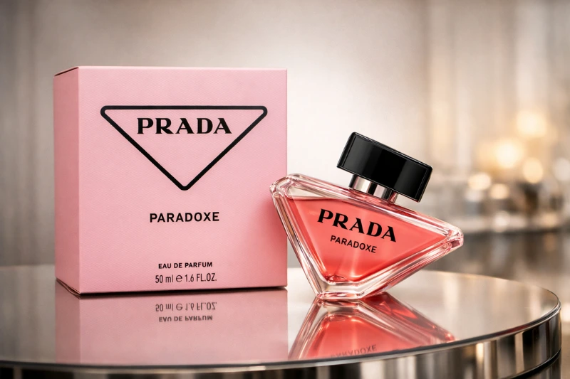 Embalagem do perfume Prada Paradoxe com frasco triangular e caixa rosa, símbolo de elegância e design sofisticado.
