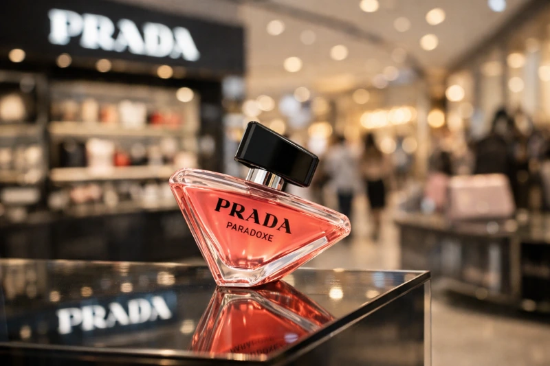 Frasco do perfume Prada Paradoxe exposto em loja de shopping, destacando o luxo e a elegância da marca.