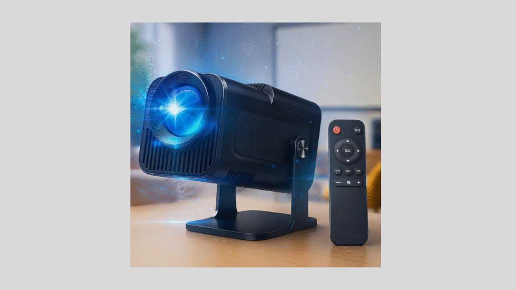 Projetor portátil ligado com feixe de luz azul e controle remoto ao lado