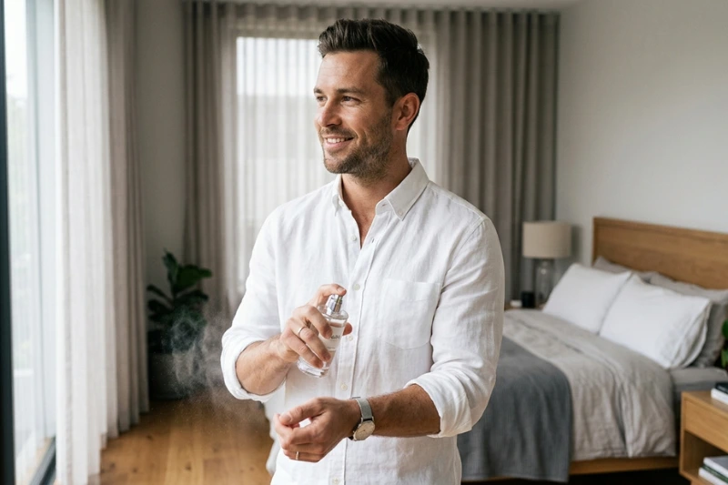Homem sorridente vestindo camisa branca e aplicando uma colônia masculina refrescante em um quarto iluminado pela manhã.