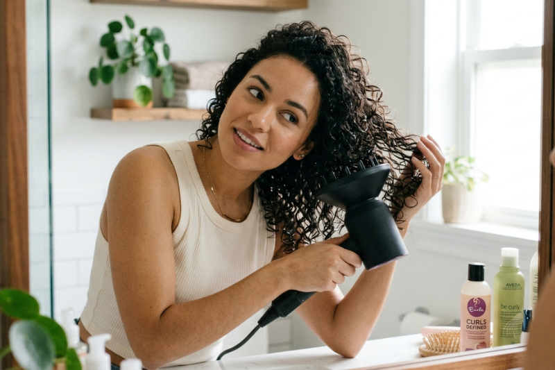 Mulher secando cabelo cacheado com secador profissional em frente ao espelho, com produtos para cabelo sobre a bancada