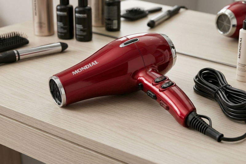 Secador Mondial vermelho sobre bancada com escovas e produtos para cabelo ao fundo