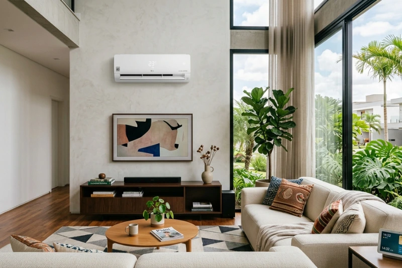nterior de uma sala de estar moderna e bem iluminada, com sofá cinza, poltronas, mesa de centro de madeira clara e plantas verdes. Grande janela com cortinas brancas e vista para um ambiente externo arborizado. Decoração minimalista e acolhedora.