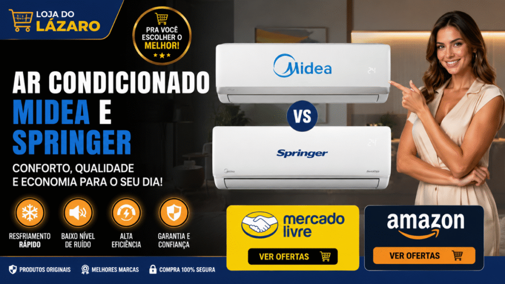 Comparativo entre ar-condicionado Springer Midea com opções disponíveis na Amazon e Mercado Livre para quem busca conforto, economia de energia e alta eficiência.