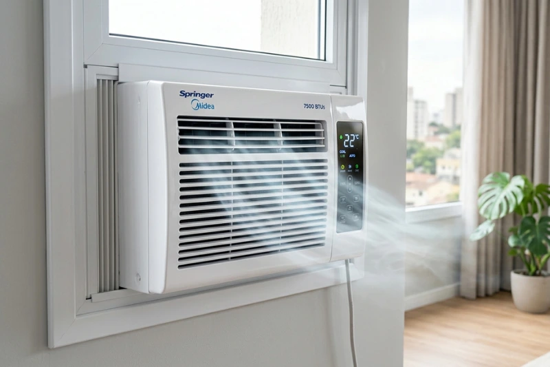 Ar-condicionado Springer Midea instalado em parede branca, com design moderno e compacto. Ambiente interno com iluminação natural vinda de uma janela ao lado, destacando o aparelho de climatização.
