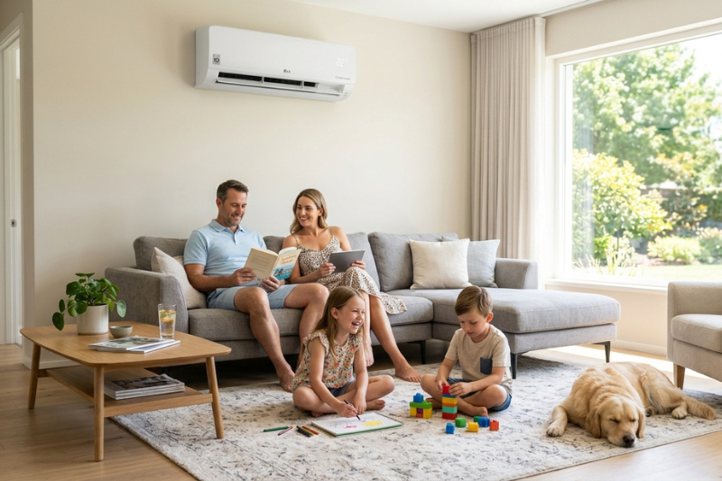 Família feliz em uma sala de estar aconchegante, com ar-condicionado Springer Midea instalado na parede. Ambiente bem iluminado, com sofá, poltronas e decoração acolhedora, destacando o conforto térmico proporcionado pelo aparelho."