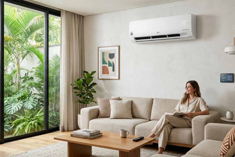 Quarto moderno e climatizado com ar-condicionado Springer Midea instalado na parede. Ambiente acolhedor com cama arrumada, iluminação natural vinda de uma grande janela e decoração minimalista, garantindo conforto térmico ideal.