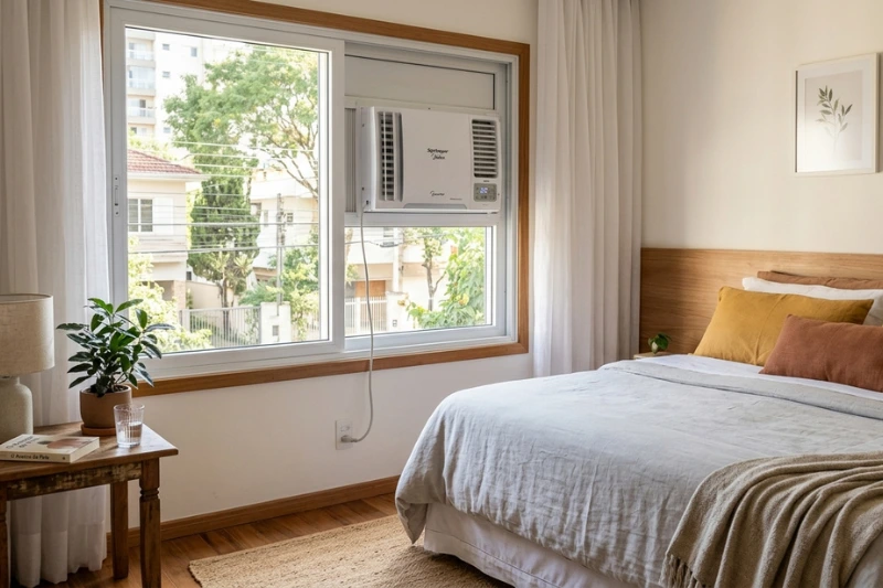 Quarto moderno e elegante com ar-condicionado Springer Midea instalado na parede. Ambiente bem iluminado, com cama arrumada, cortinas brancas e decoração clean, proporcionando conforto térmico e sofisticação."