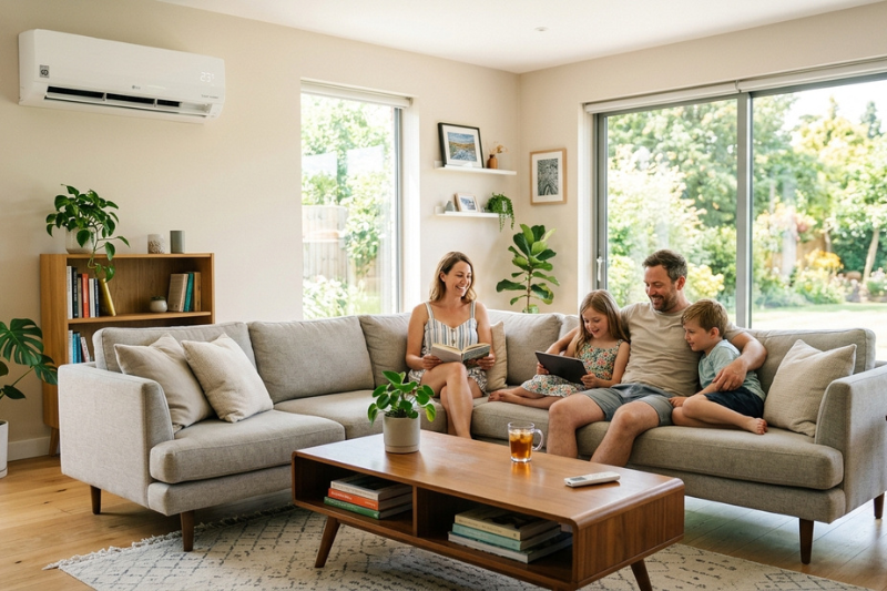 Sala moderna e espaçosa com ar-condicionado Springer Midea instalado na parede. Ambiente bem iluminado, com sofá confortável, poltronas, mesa de centro e decoração contemporânea, garantindo clima agradável e sofisticado.