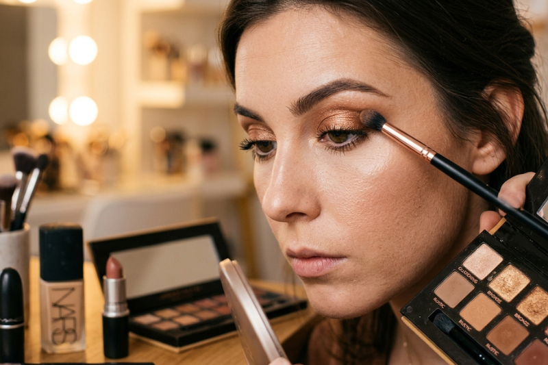 : Mulher aplicando base facial com esponja, uma técnica fundamental ensinada no curso de auto maquiagem para uma pele impecável.