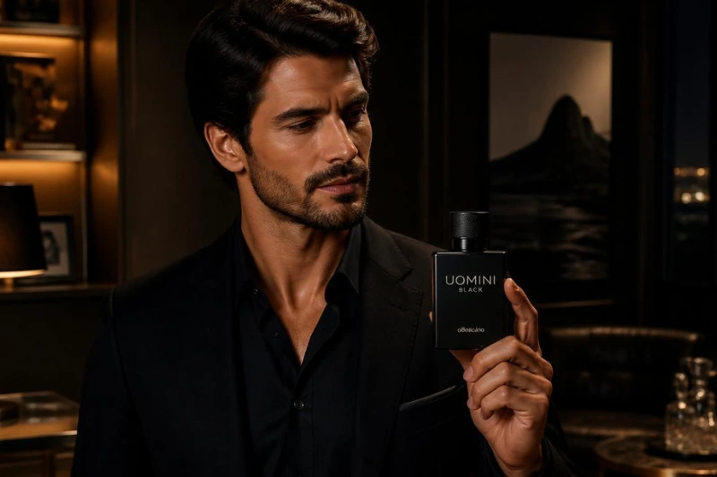 Homem elegante segurando o perfume Uomini Black O Boticário em ambiente sofisticado, representando confiança e estilo masculino.