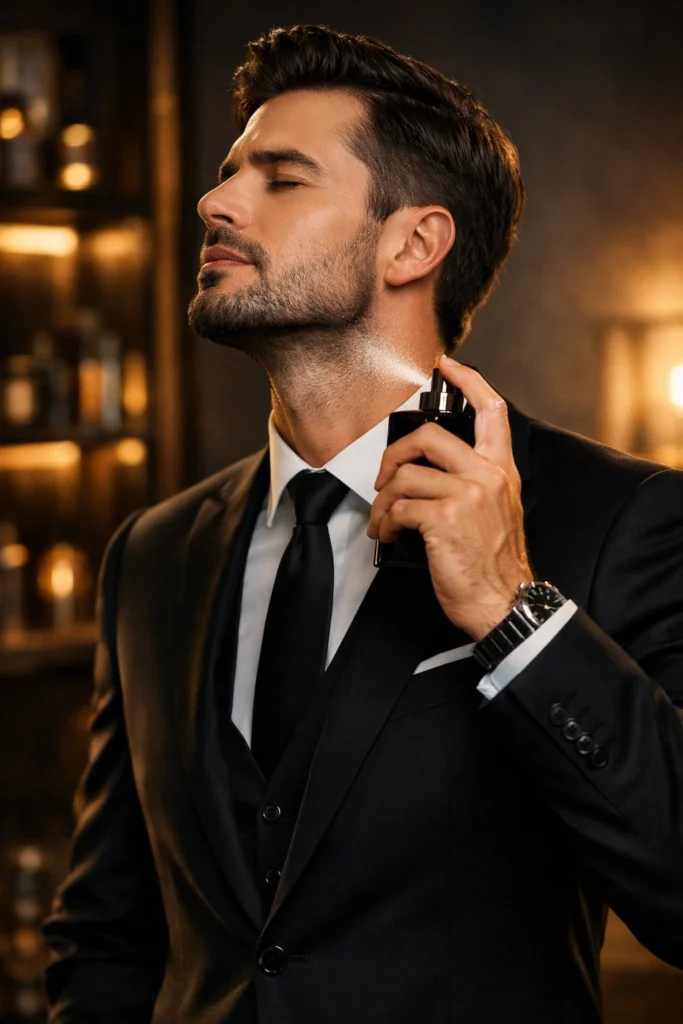 Homem elegante borrifando o perfume Uomini Black O Boticário no pescoço, em ambiente sofisticado.