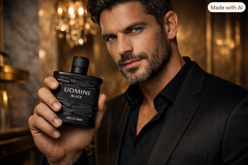 Homem elegante segurando o perfume Uomini Black O Boticário em ambiente luxuoso, representando confiança e sofisticação masculina.