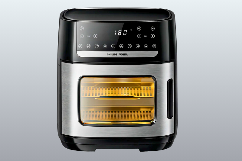 Air fryer Philips Walita preta e prata com visor de vidro iluminado, display digital mostrando 180°C e painel de controle touch na parte superior
