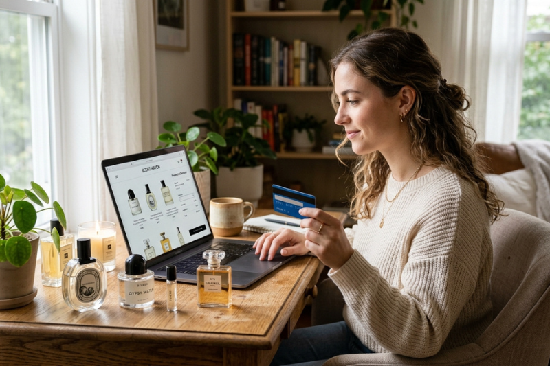  Perfumes importados valem a pena comprar online, mulher pesquisando fragrâncias na Amazon com segurança