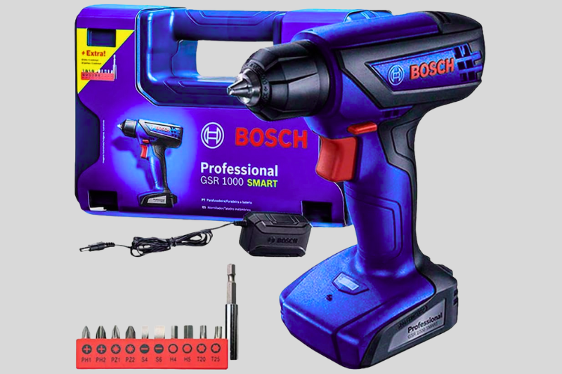 Furadeira e parafusadeira Bosch sem fio na cor azul, com bateria recarregável e design ergonômico para uso doméstico e profissional.