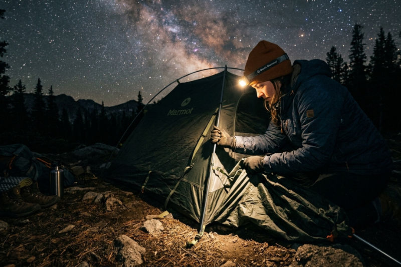 Pessoa usando melhores lanternas em camping noturno com céu estrelado